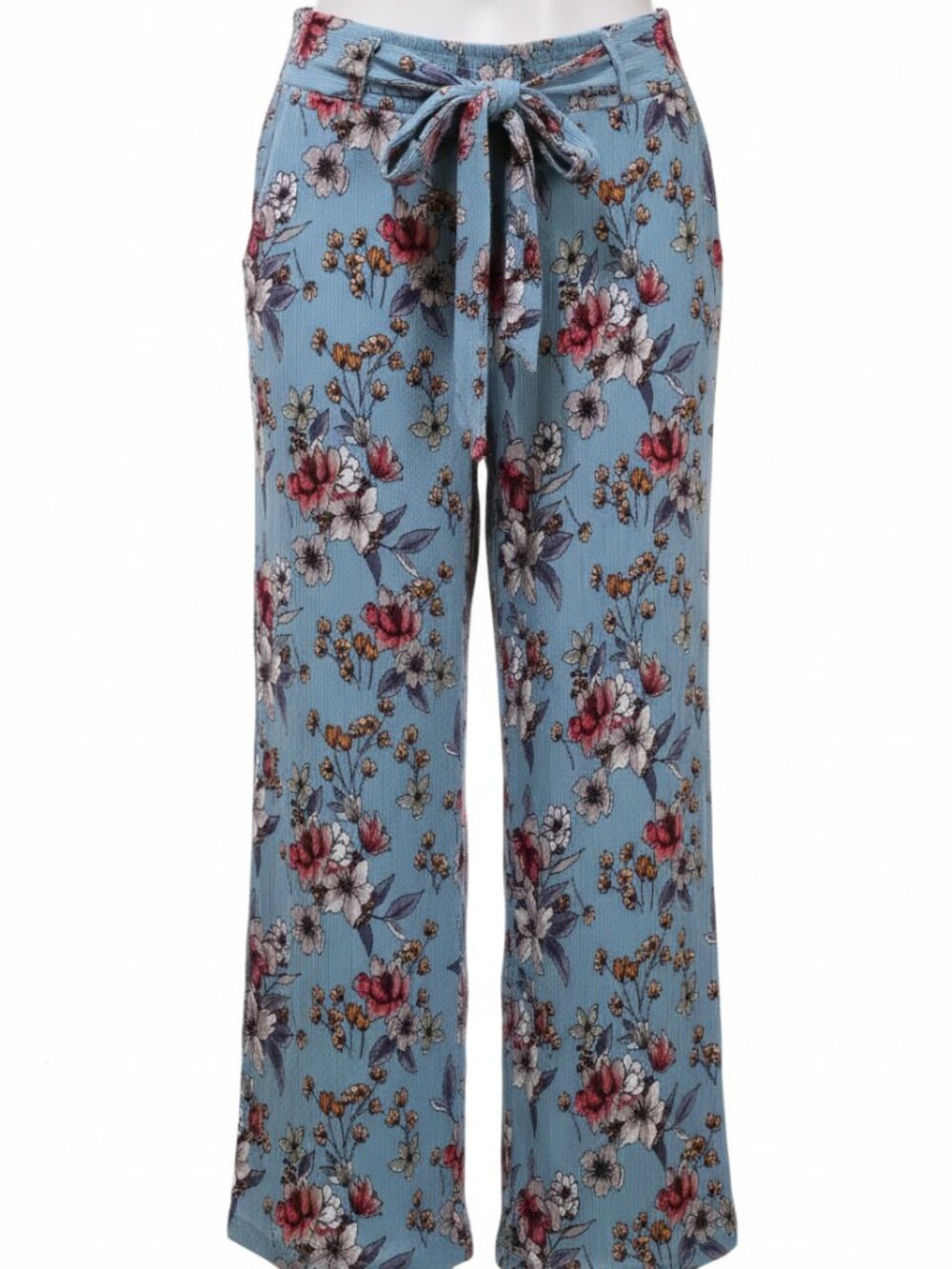 Angie Women's Blue Floral Wide Leg Palazzo Lightweight Casual Pants Pant SZ LG